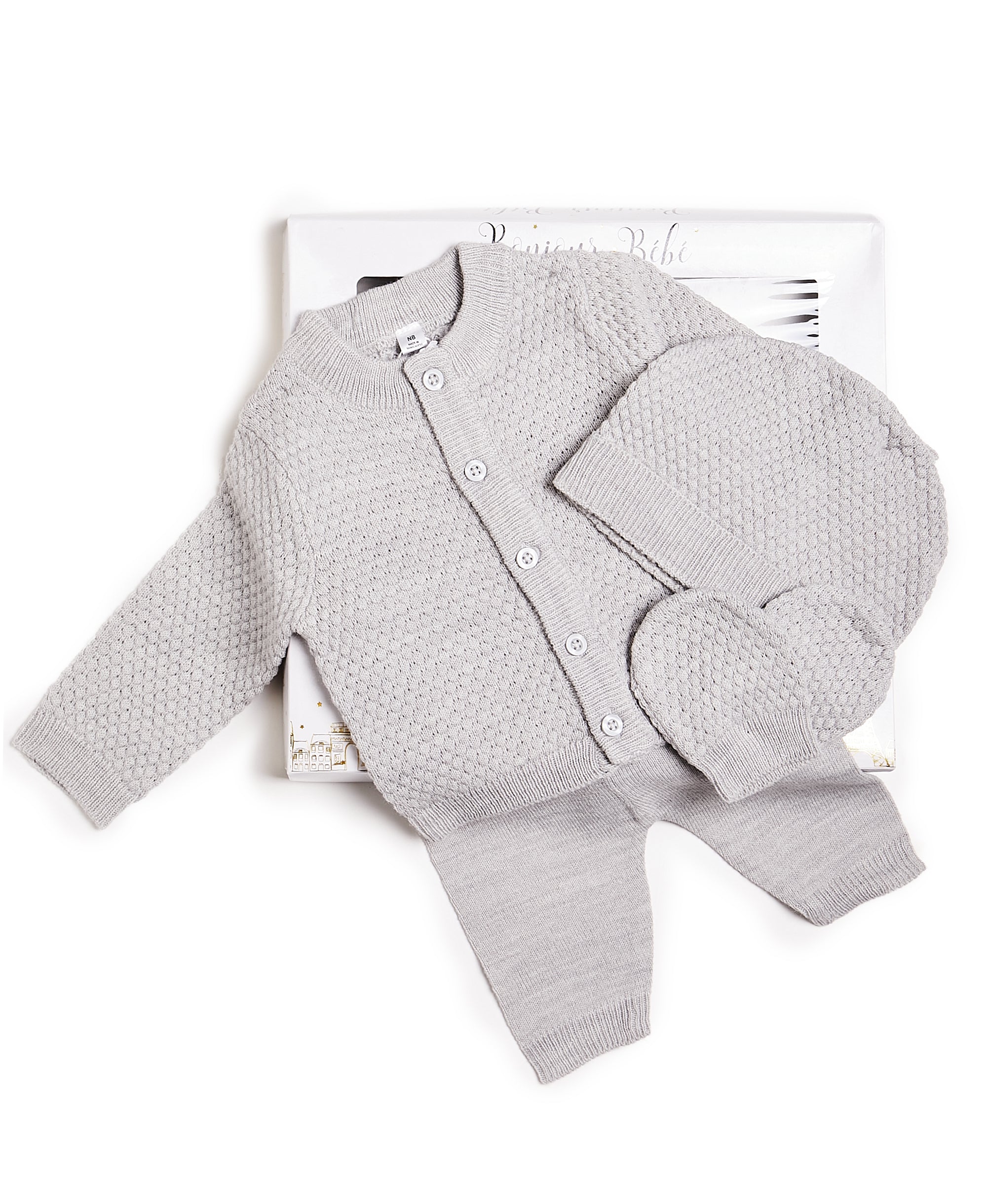 BONJOUR BEBE Baby Gift Box - Honeycomb Knit Jumper Trousers Mitts Hat (W22001)